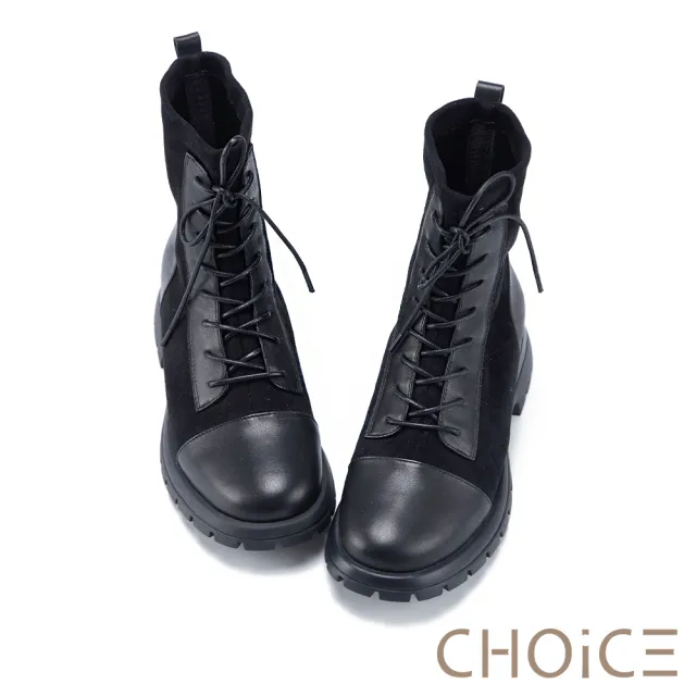 【CHOiCE】個性牛皮拼接絨布綁帶短靴(黑色)