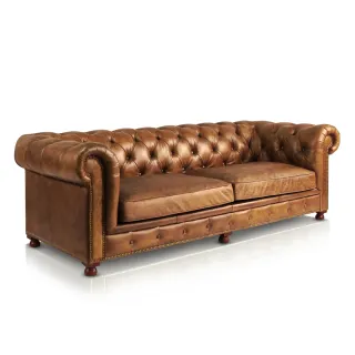 【ARTOPI】FIDELIO費黛里歐復古拉釦牛皮三人沙發-茶褐(三人沙發/牛皮沙發/沙發)