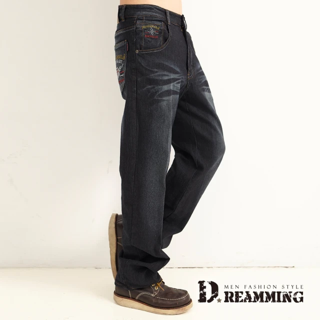 【Dreamming】十字架圖騰刷白伸縮休閒中直筒牛仔褲(深藍)