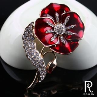 【RJ New York】艷麗紅色花卉閃耀水鑽2用胸針別針(紅色)