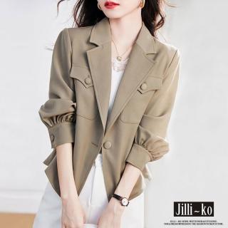 【JILLI-KO】韓版翻領燈籠袖短款風衣西裝外套-F(淺卡)