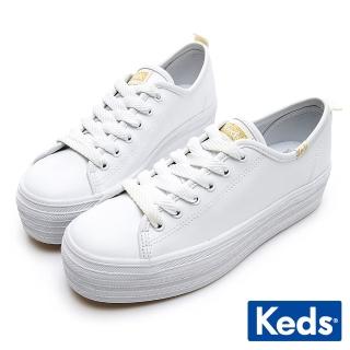 【Keds】TRIPLE UP 小心機厚底皮革綁帶休閒小白鞋-白(9193W132811)