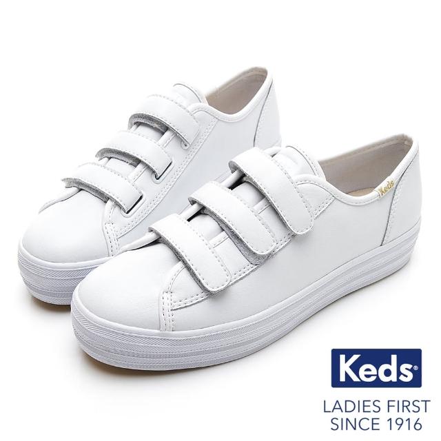 【Keds】★雙11★TRIPLE KICK 時尚皮革厚底魔鬼氈休閒小白鞋-白(9193W132808)