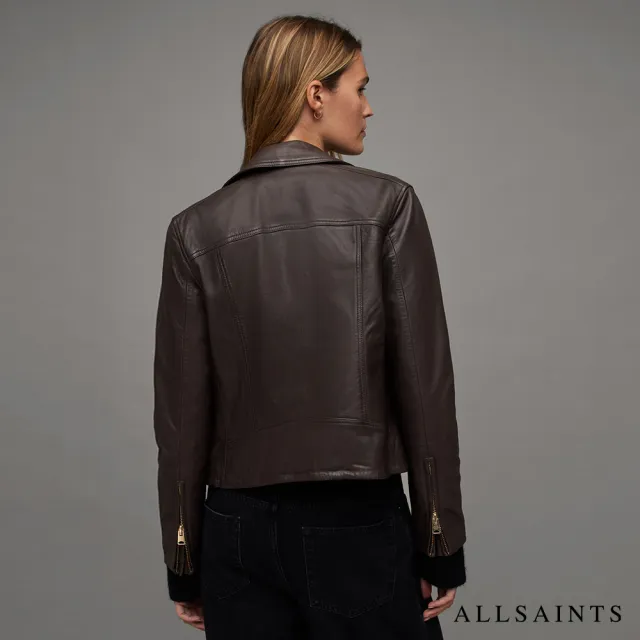 【ALLSAINTS】DALBY 經典簡約雙口袋不對稱皮革騎士皮衣外套-棕 WL065Z(修身版型)