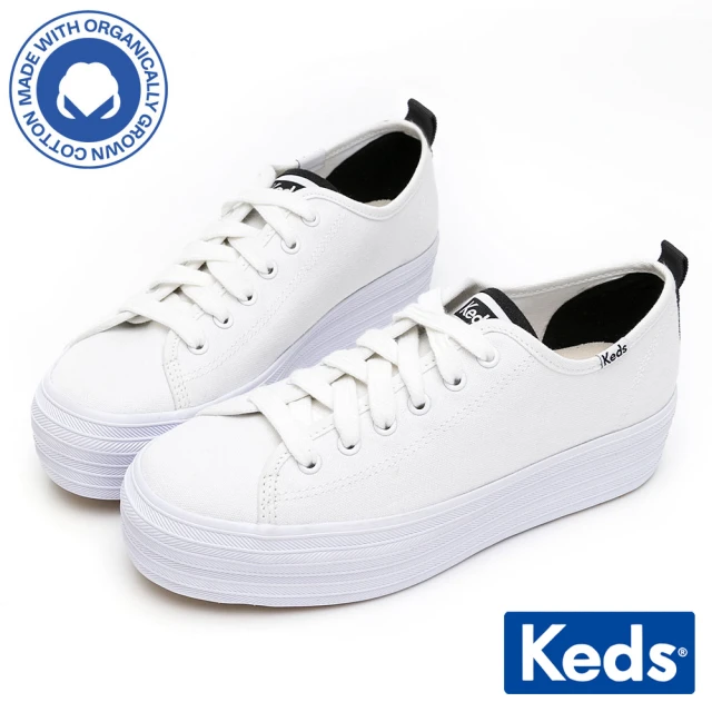 【Keds】TRIPLE UP 小心機厚底有機棉綁帶休閒鞋-白(9211W133247)