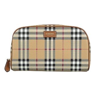 【burberry 巴寶莉】燙金logo復古格紋pvc拉鍊化妝包(典藏米)