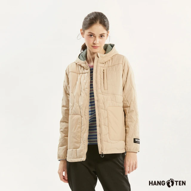 Hang Ten 女裝-恆溫多功能-防輕潑水保暖絎縫連帽外套(淺卡其)