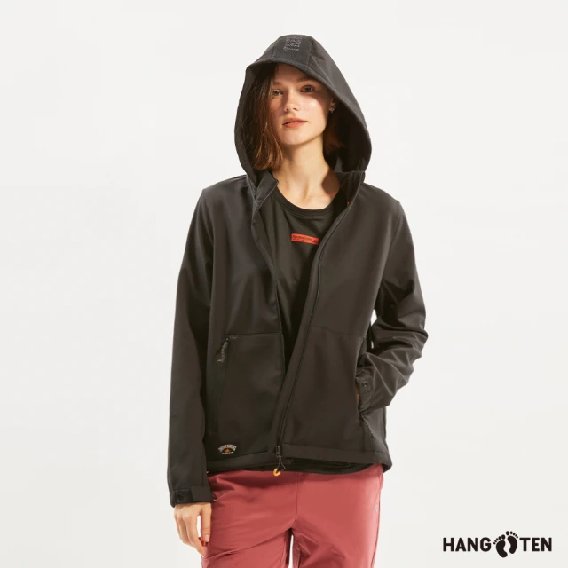 Hang Ten 女裝-恆溫多功能-防風防輕潑水可拆帽貼合軟殼刷毛撞色外套(黑)