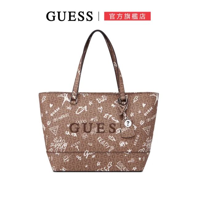 【GUESS】個性塗鴉LOGO大容量肩背包(咖啡)