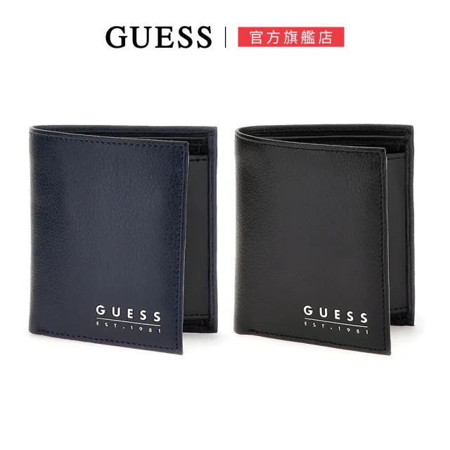 【GUESS】金屬LOGO素面皮革短夾(兩色可選)