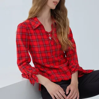 【ILEY 伊蕾】英倫格紋純棉造型袖上衣(紅色；M-2L；1233281502)