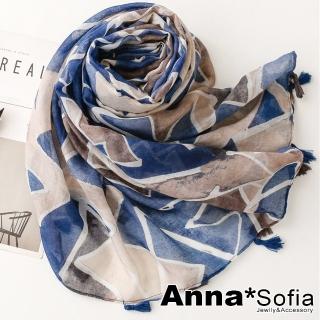 【AnnaSofia】保暖柔軟棉麻感披肩圍巾-柔美流蘇墜 現貨(三角染繪-藍褐系)
