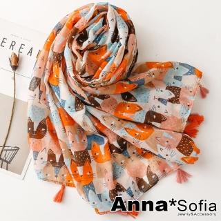 【AnnaSofia】保暖柔軟棉麻感披肩圍巾-柔美流蘇墜 現貨(插畫貓臉-橘系)