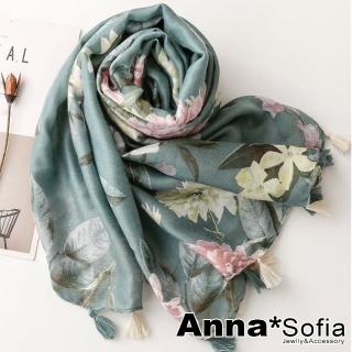 【AnnaSofia】保暖柔軟棉麻感披肩圍巾-柔美流蘇墜 現貨(素雅麗花-綠系)