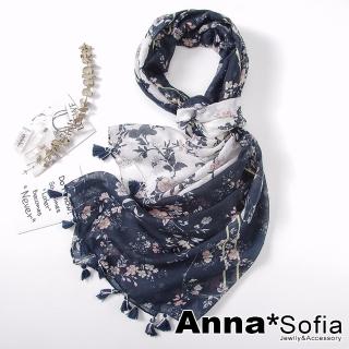 【AnnaSofia】保暖柔軟棉麻感披肩圍巾-柔美流蘇墜 現貨(雙色拼繁花-藍白系)