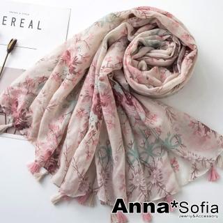 【AnnaSofia】保暖柔軟棉麻感披肩圍巾-柔美流蘇墜 現貨(漫漫薔薇-茶褐系)