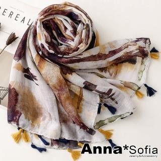 【AnnaSofia】保暖柔軟棉麻感披肩圍巾-柔美流蘇墜 現貨(咖繪暈染-咖系)