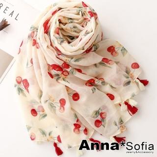 【AnnaSofia】保暖柔軟棉麻感披肩圍巾-柔美流蘇墜 現貨(蜜櫻桃-米黃系)