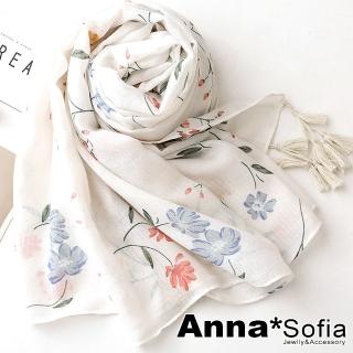 【AnnaSofia】保暖柔軟棉麻感披肩圍巾-柔美流蘇墜 現貨(枝頭嵐花-白底系)