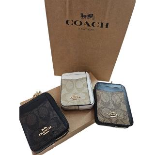 【COACH】COACH 馬車logo緹花手掛式票卡 零錢包 禮盒禮袋組 三色可選 淺咖拼白.卡其拼黑.深咖啡拼黑.全黑