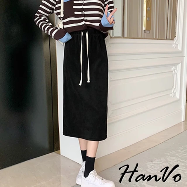 HanVo 現貨 燈心絨高腰後開岔修身長裙(柔軟親膚舒適百搭 韓系女裝 女生衣著 3675)