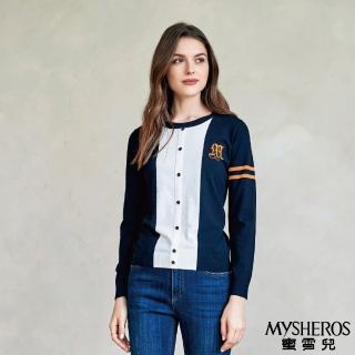【MYSHEROS 蜜雪兒】針織上衣 學院風字母刺繡 圓領假排釦(丈青)