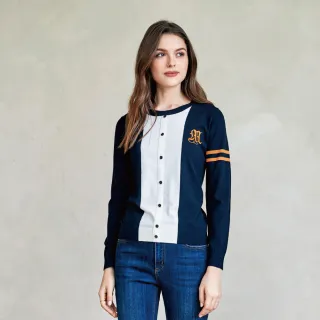 【MYSHEROS 蜜雪兒】針織上衣 學院風字母刺繡 圓領假排釦(丈青)