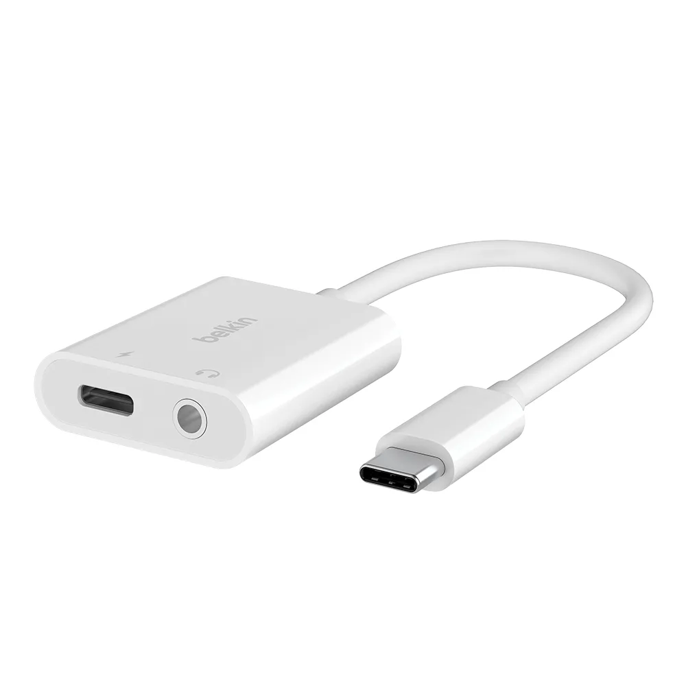 【BELKIN】RochStar 3.5mm 音頻+USB-C 充電轉接器(白)