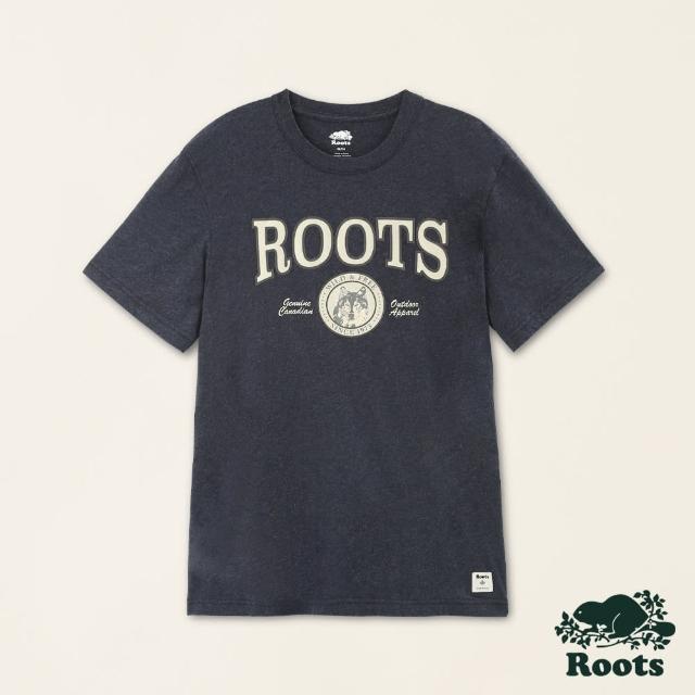 【Roots】Roots男裝-率性生活系列 動物郵戳圖案有機棉短袖T恤(軍藍色)