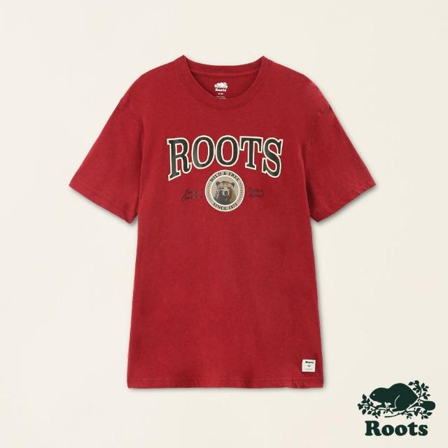 【Roots】Roots男裝-率性生活系列 動物郵戳圖案有機棉短袖T恤(紅色)