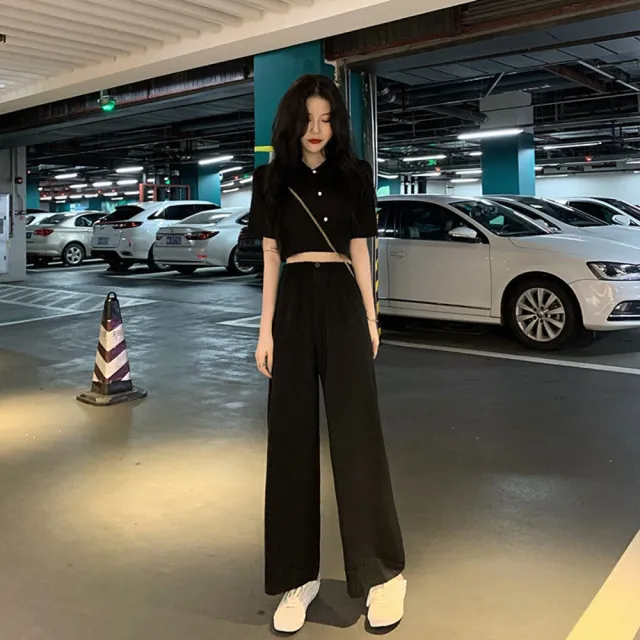 【D.studio】韓版氣質小個子顯瘦短版上衣+寬褲(兩件套裝 短袖上衣 短袖t恤 褲子 長褲 休閒褲 S120)