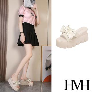 【HMH】厚底拖鞋 坡跟拖鞋 蝴蝶結拖鞋/緞面撞色滾邊蝴蝶結造型厚底坡跟拖鞋(米)