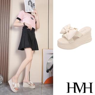 【HMH】坡跟拖鞋 厚底拖鞋 蝴蝶結拖鞋/胖胖蝴蝶結造型坡跟厚底拖鞋(米)