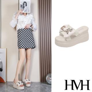 【HMH】厚底拖鞋 坡跟拖鞋 蝴蝶結拖鞋/金屬扣緞面蝴蝶結造型厚底坡跟拖鞋(米)