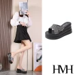 【HMH】厚底拖鞋 美鑽拖鞋/閃耀美鑽帶X造型坡跟厚底拖鞋(黑)