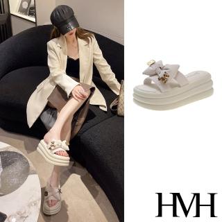 【HMH】厚底拖鞋 蝴蝶結拖鞋/可愛小熊蝴蝶結厚底拖鞋(米)
