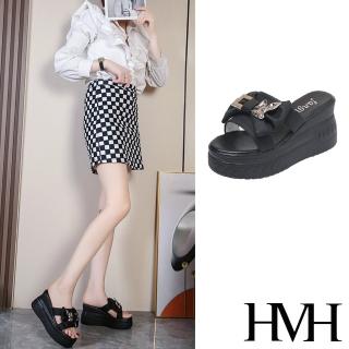 【HMH】厚底拖鞋 坡跟拖鞋 蝴蝶結拖鞋/金屬扣緞面蝴蝶結造型厚底坡跟拖鞋(黑)