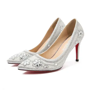 【KissXXX】尖頭跟鞋 燙鑽跟鞋/華麗璀璨花朵寶石燙鑽尖頭淺口高跟鞋(B款跟高9CM)