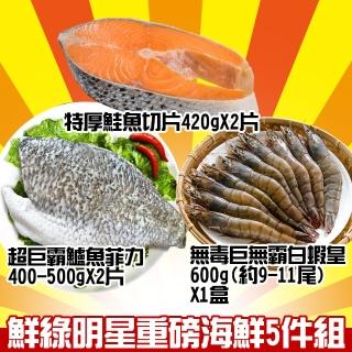 【鮮綠生活】鮮綠明星重磅海鮮5件組(白蝦蝦皇600g/盒*1盒+特厚鮭切420g/包*2包+鱸魚400-500g/包*2包)