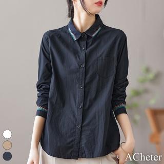 【ACheter】文藝棉翻領刺繡寬鬆單排扣長袖襯衫短版上衣#119875(白/黑/卡其)