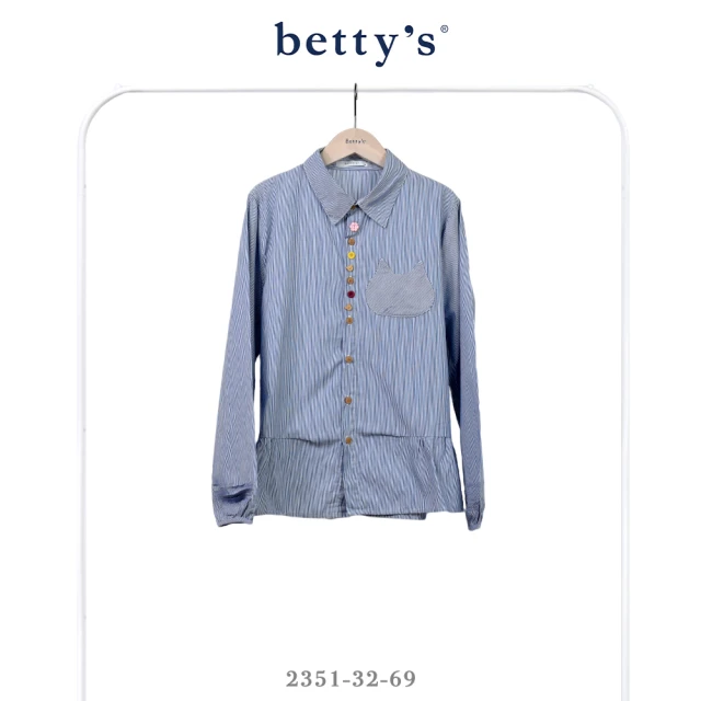 betty’s 貝蒂思 小熊花花鈕釦直條紋拼接抽皺襯衫(藍色)