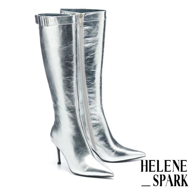 HELENE_SPARK 未來摩登日字釦寬帶皺金屬牛皮美型尖頭高跟長靴(銀)