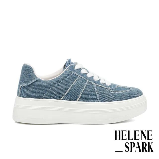 【HELENE_SPARK】率性舒適牛仔布綁帶厚底休閒鞋(藍)