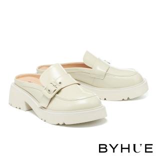 【BYHUE】質感個性LOGO方釦全真皮軟芯方頭厚底穆勒拖鞋(米白)