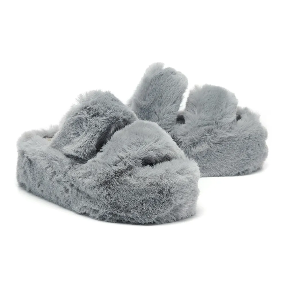 【MELROSE】美樂斯 溫暖舒適絨毛造型寬帶厚底拖鞋(藍)