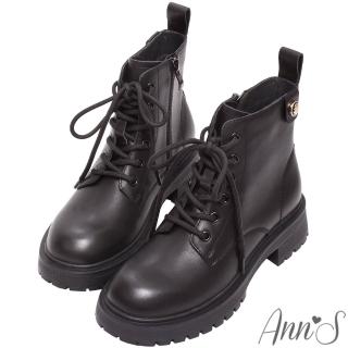 【Ann’S】皇室小金墜6孔綁帶真皮牛皮厚底短靴4.5cm(黑)