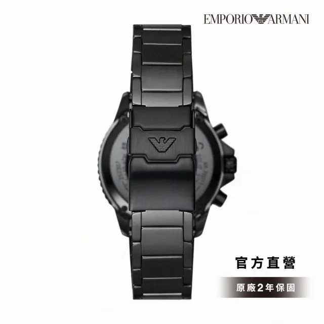 【EMPORIO ARMANI 官方直營】Diver 摩登暗黑三眼手錶 黑色陶瓷錶帶 43MM AR70010