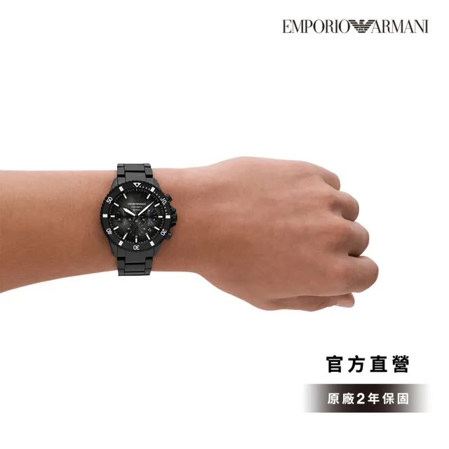 【EMPORIO ARMANI 官方直營】Diver 摩登暗黑三眼手錶 黑色陶瓷錶帶 43MM AR70010