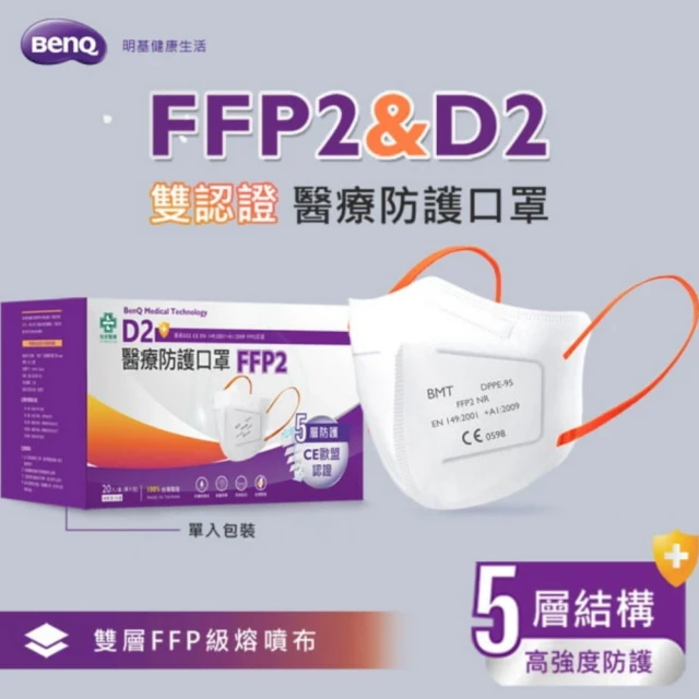 BenQHealth 明基健康生活 怡安D2 FFP2 醫療防護立體口罩 2盒組(20入/盒 單片包裝)