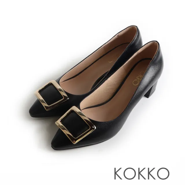 【KOKKO 集團】優雅大方金飾扣羊皮粗跟包鞋(黑色)